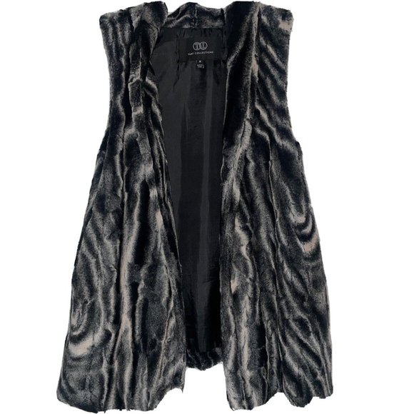 TART COLLECTIONS~WOODGRAIN FAUX FUR KAI VEST BLACK GRAY~M - Picture 1 of 5